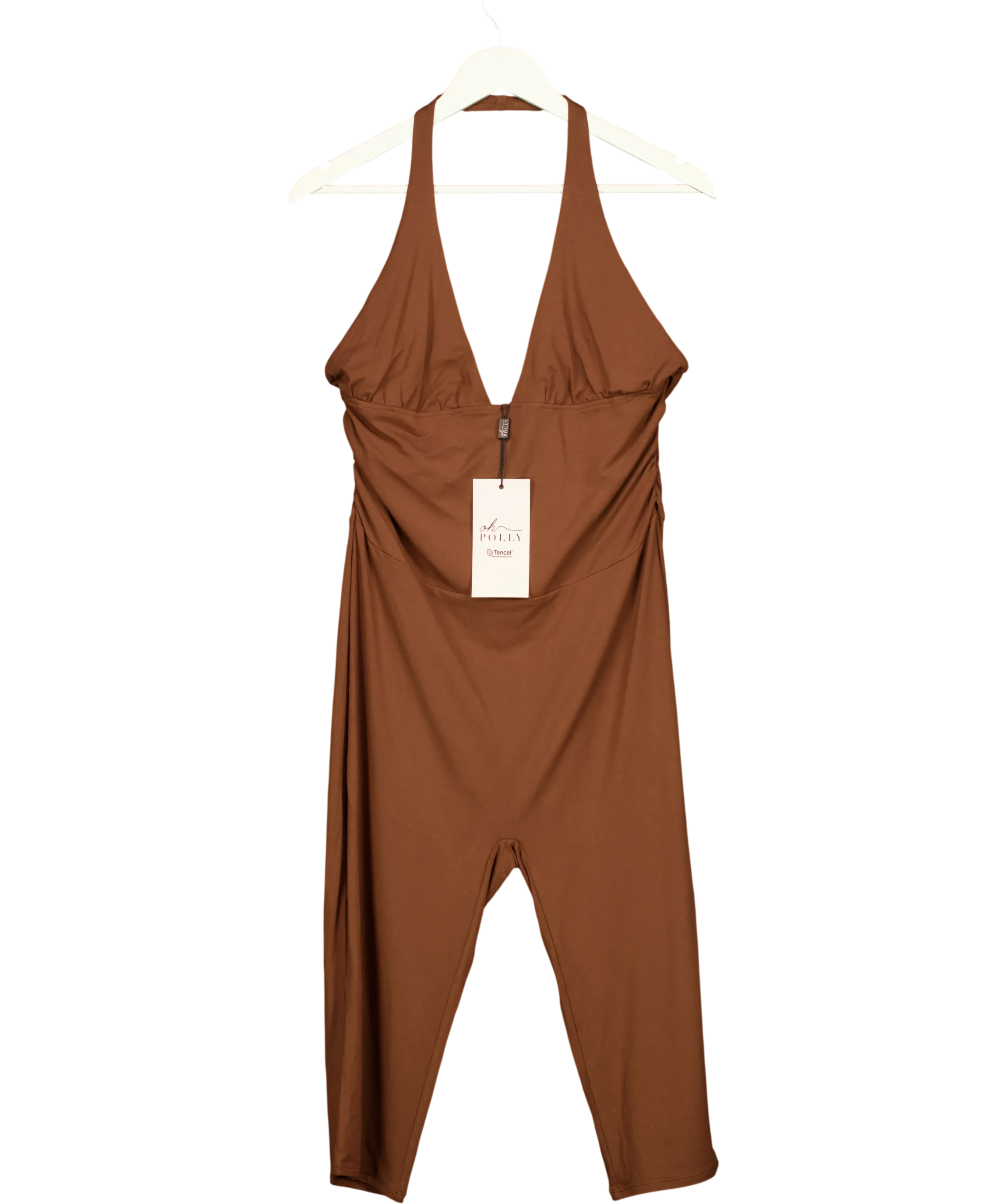 OH POLLY Brown Wynn Modal Plunge Halterneck Capri Jumpsuit, size UK XXL — front