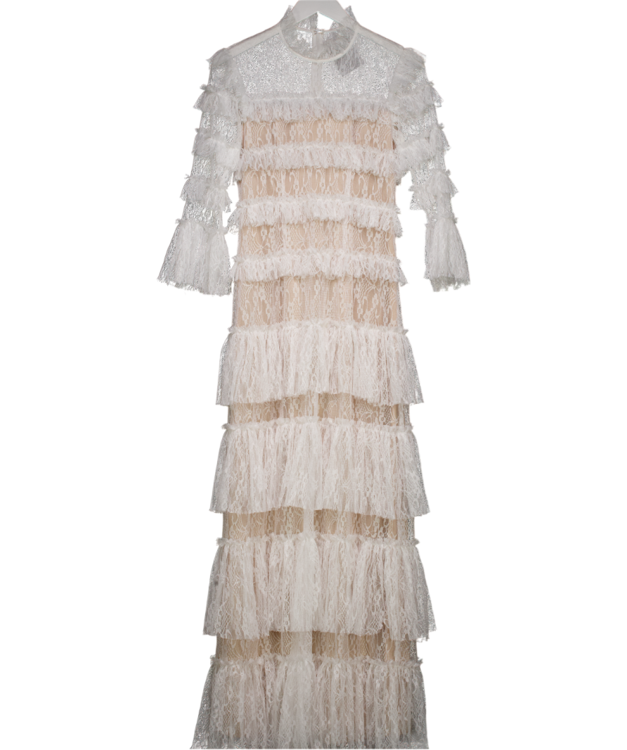 BY MALINA White Lace Carmone Ruffled Detailed Maxi Dress UK S