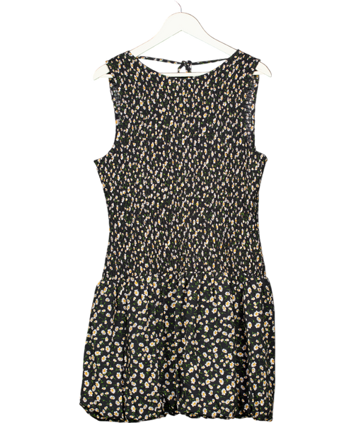 ANTHROPOLOGIE Maeve Black Daisy Print  Shirred Bubble Hem Mini Dress UK XL