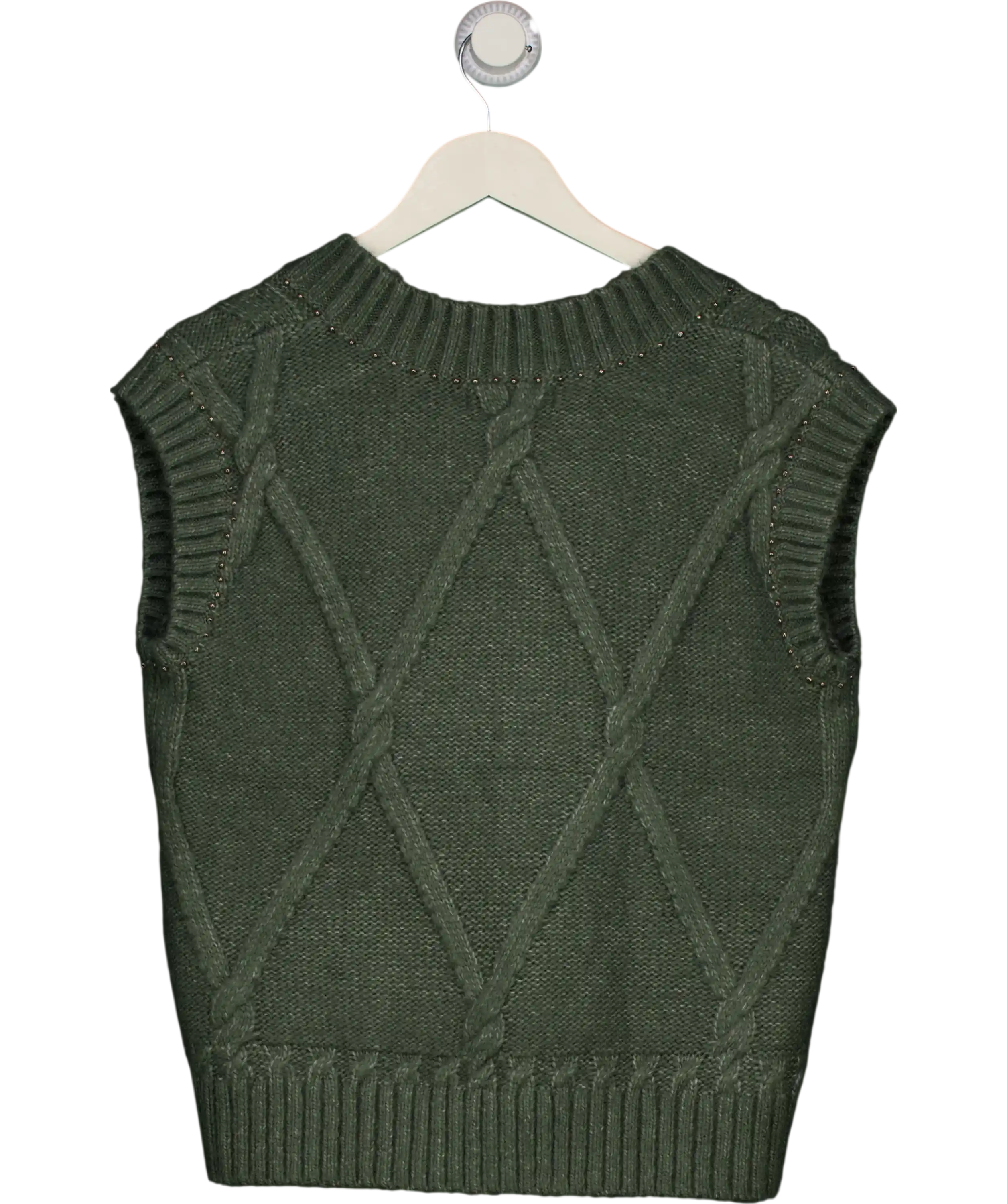 M&S Per Una Smokey Green Wool Blend  Green Embellished Cable Knit Vest UK M