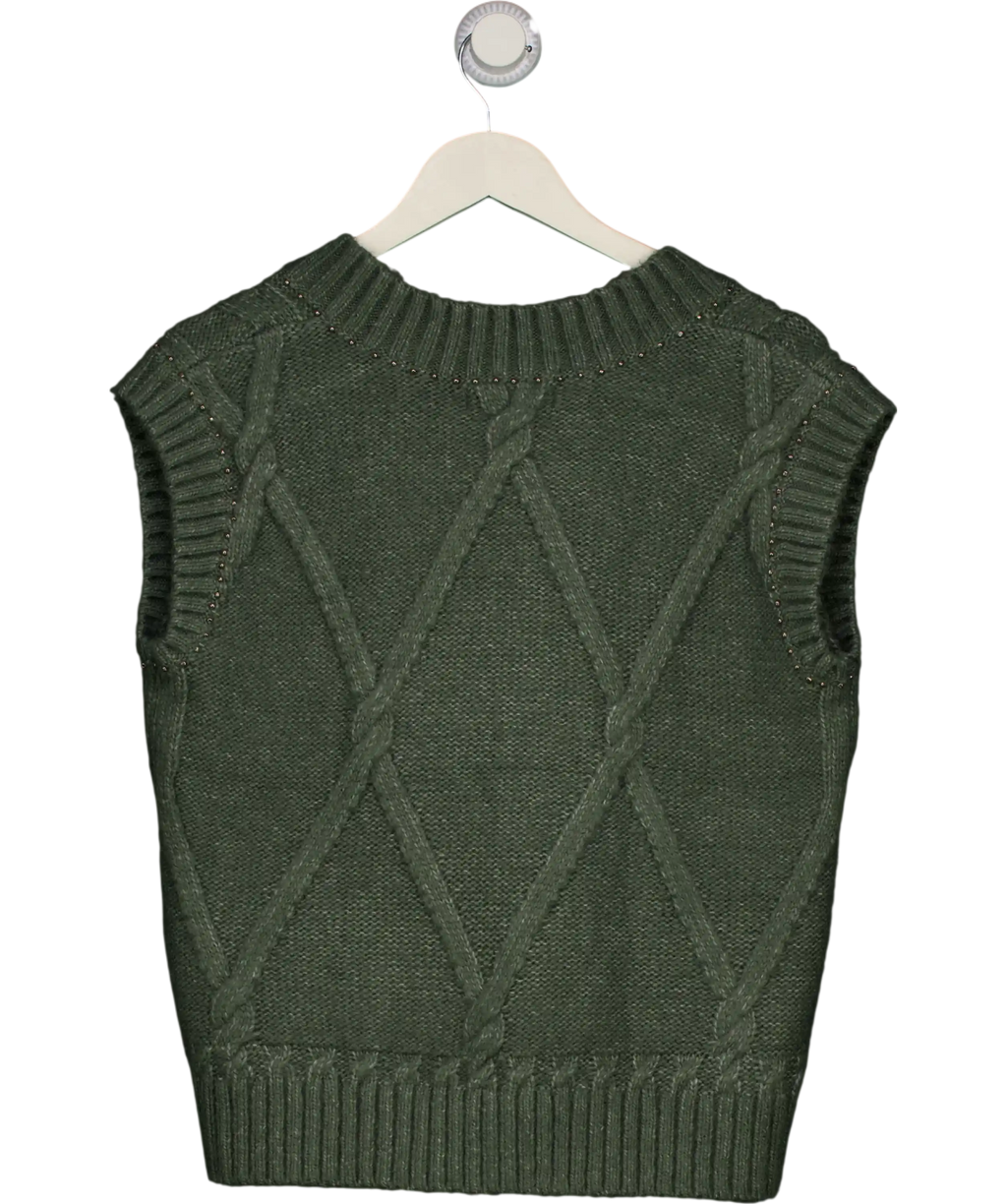M&S Per Una Smokey Green Wool Blend  Green Embellished Cable Knit Vest UK M