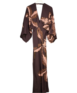 Karen Millen Brown Drama Kimono Sleeve Printed And Beaded Woven Maxi Dress UK 6