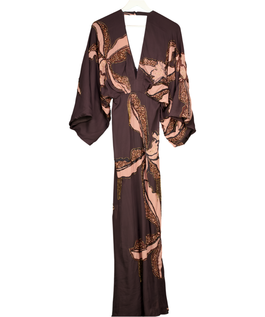 Karen Millen Brown Drama Kimono Sleeve Printed And Beaded Woven Maxi Dress UK 6