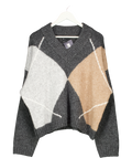 ASOS Grey Argyle High V Neck Jumper UK L