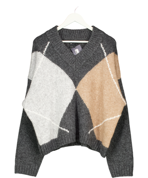 ASOS Grey Argyle High V Neck Jumper UK L