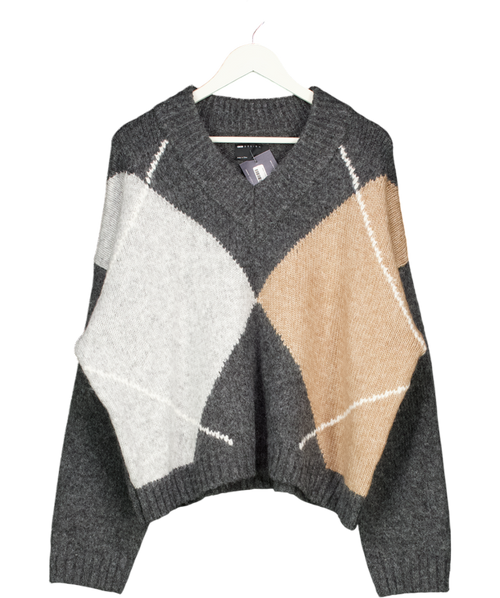 ASOS Grey Argyle High V Neck Jumper UK L