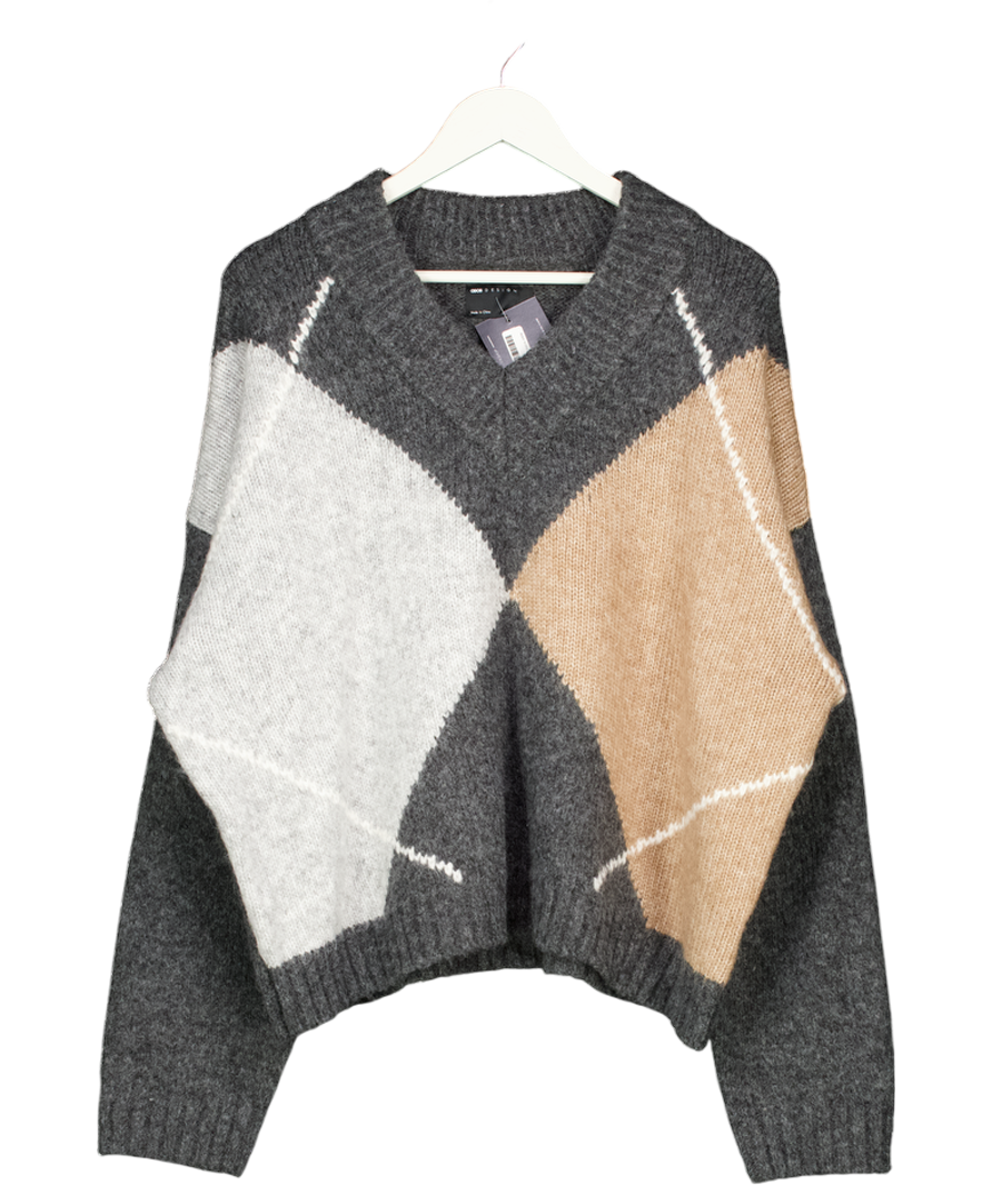 ASOS Grey Argyle High V Neck Jumper UK L