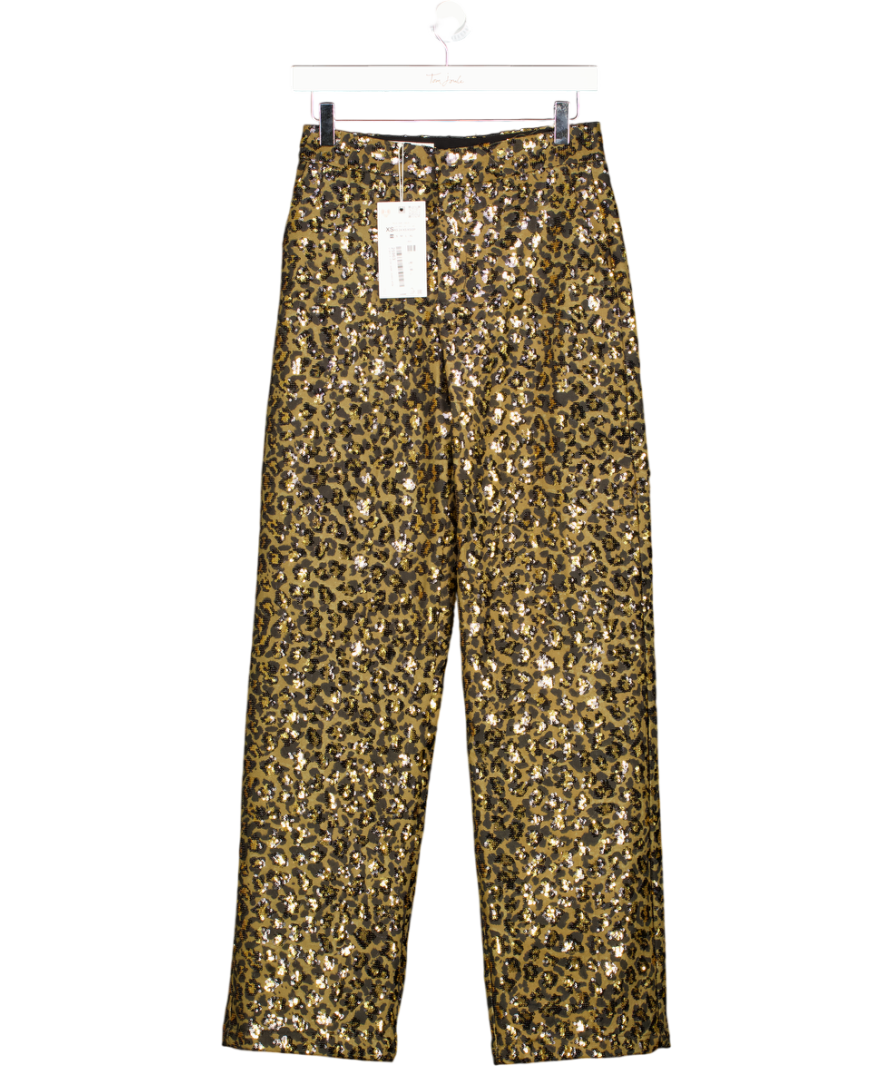 ZARA Brown Animal Print Sequinned Straight-leg Trousers UK XS