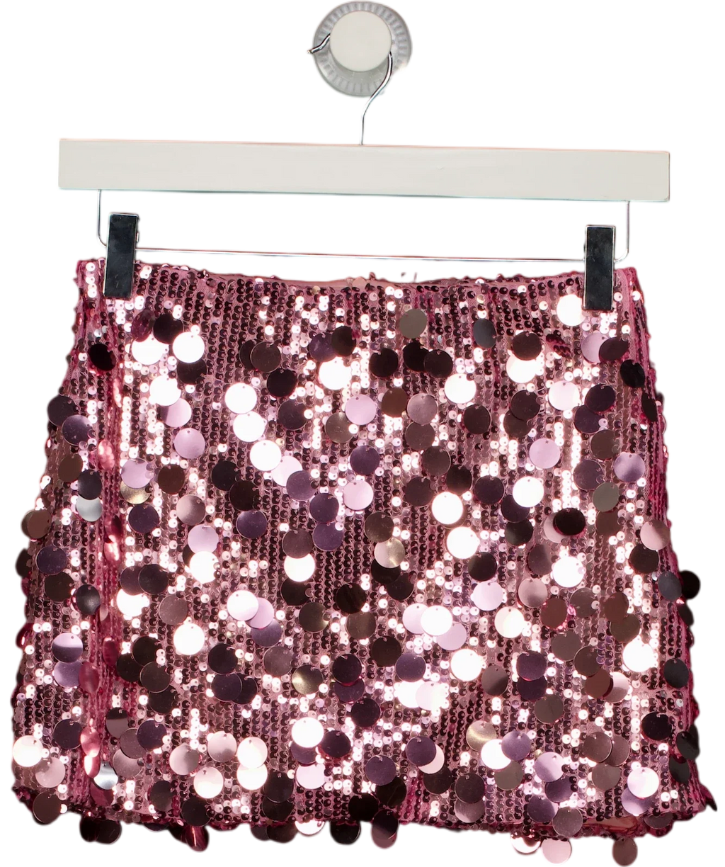 Ego Pink pink sequin mini skirt, size UK 8 — front