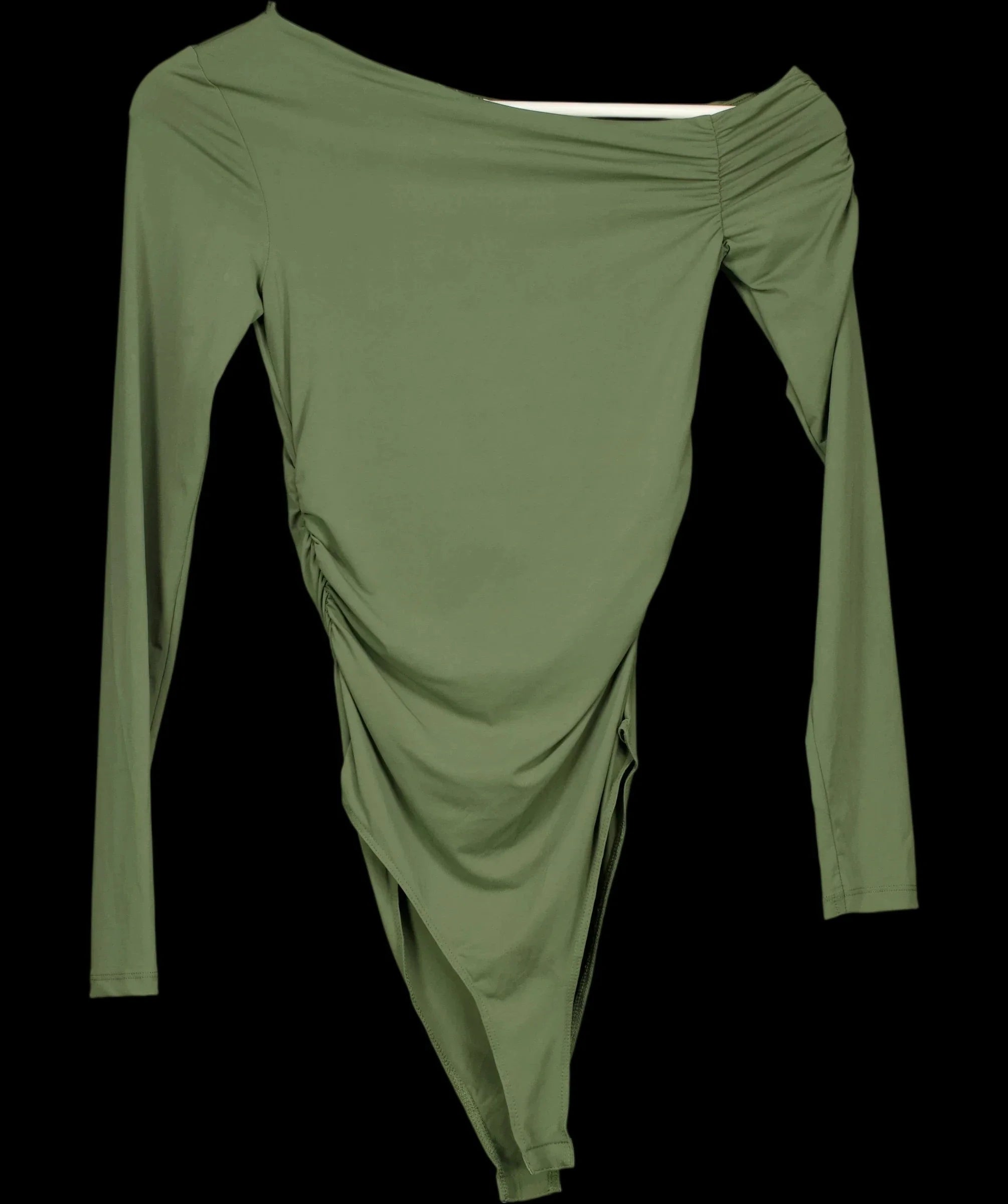 ZARA Green Khaki Green Asymmetric Ruched Long Sleeve Bodysui, size UK S — detail