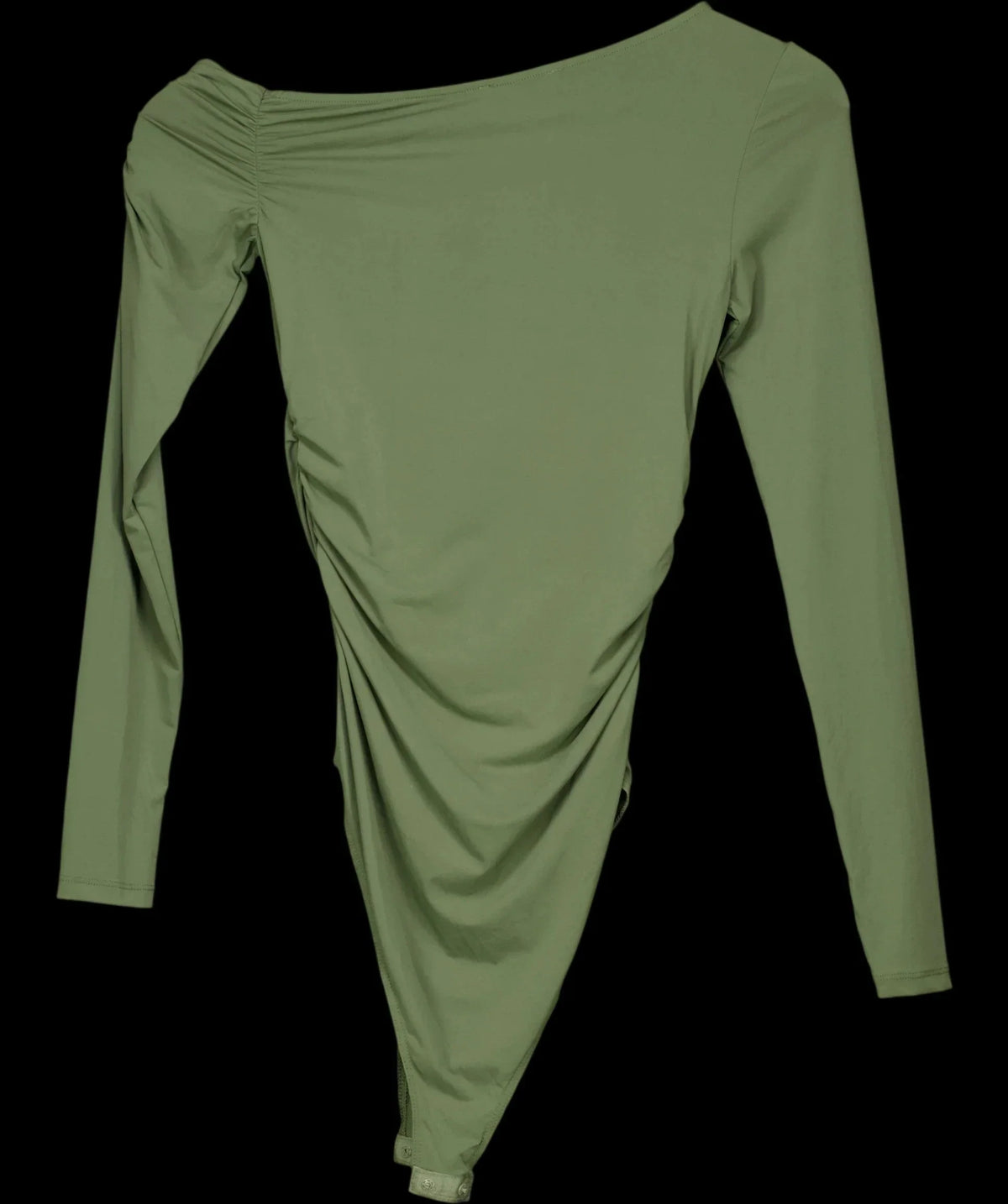 ZARA Green Khaki Green Asymmetric Ruched Long Sleeve Bodysui, size UK S — label