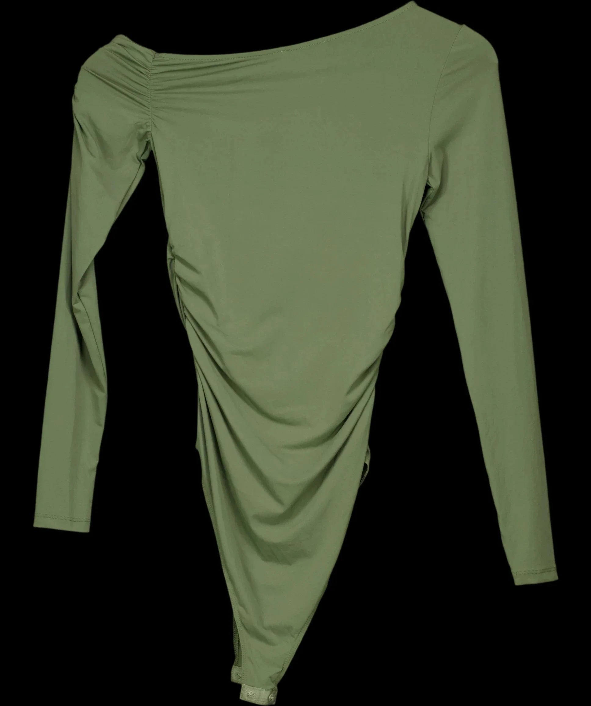 ZARA Green Khaki Green Asymmetric Ruched Long Sleeve Bodysui, size UK S — label