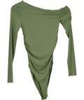 ZARA Green Khaki Green Asymmetric Ruched Long Sleeve Bodysui, size UK S — front