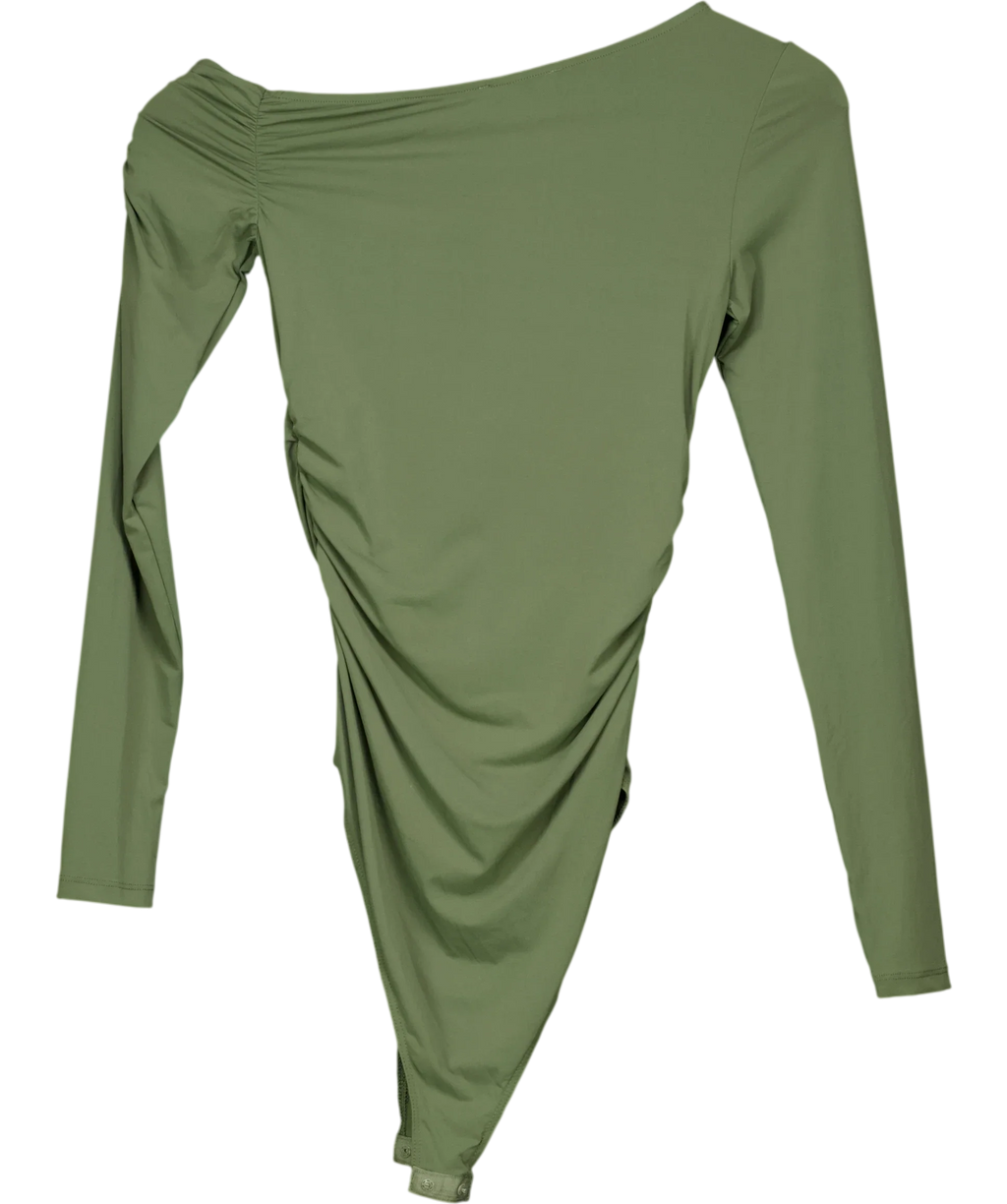 ZARA Green Khaki Green Asymmetric Ruched Long Sleeve Bodysui, size UK S — back