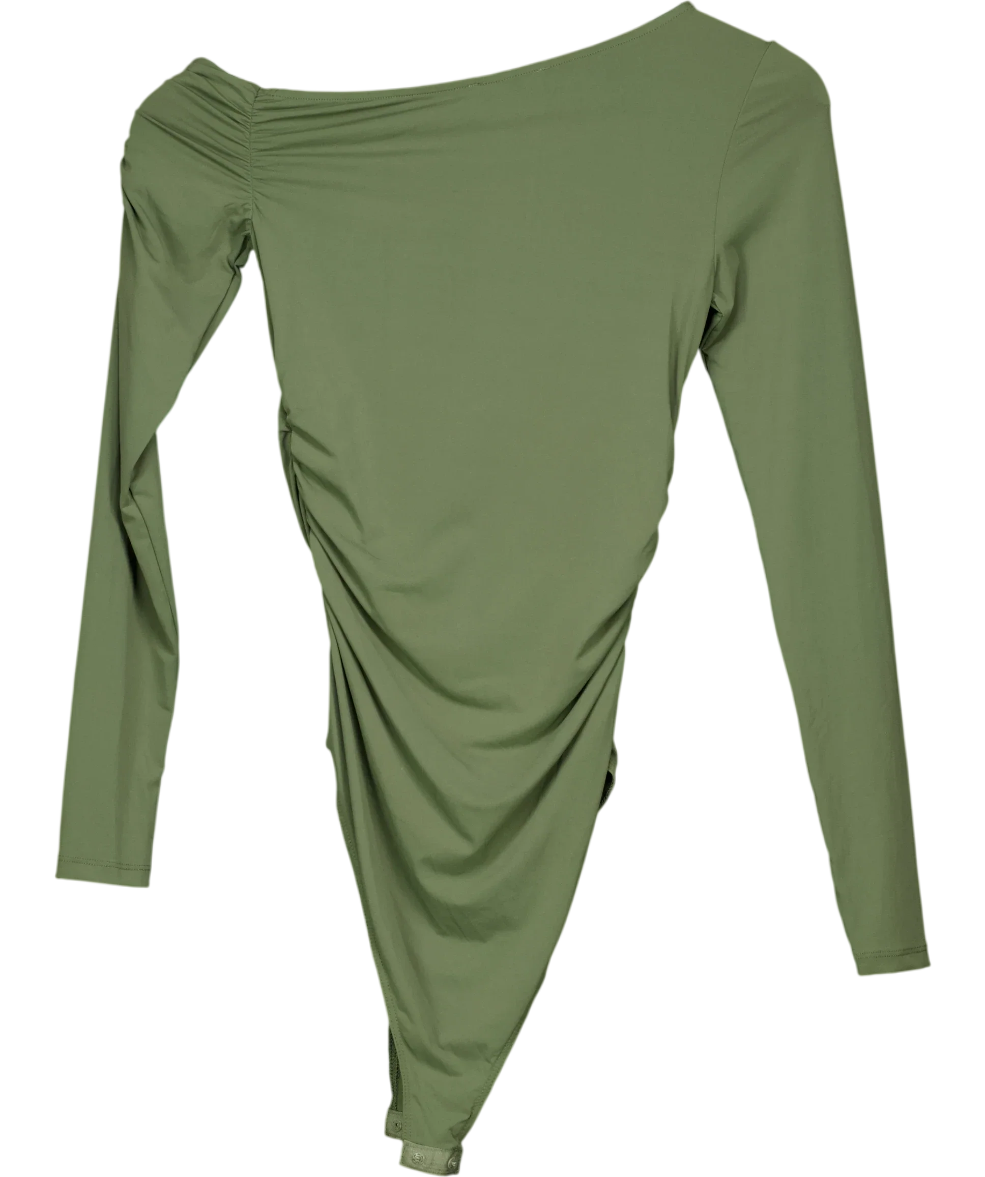 ZARA Green Khaki Green Asymmetric Ruched Long Sleeve Bodysui, size UK S — back