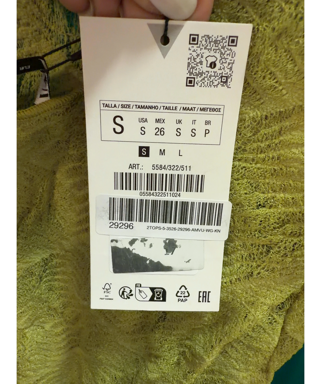 ZARA Green Open Back Lace Top, size UK S — label