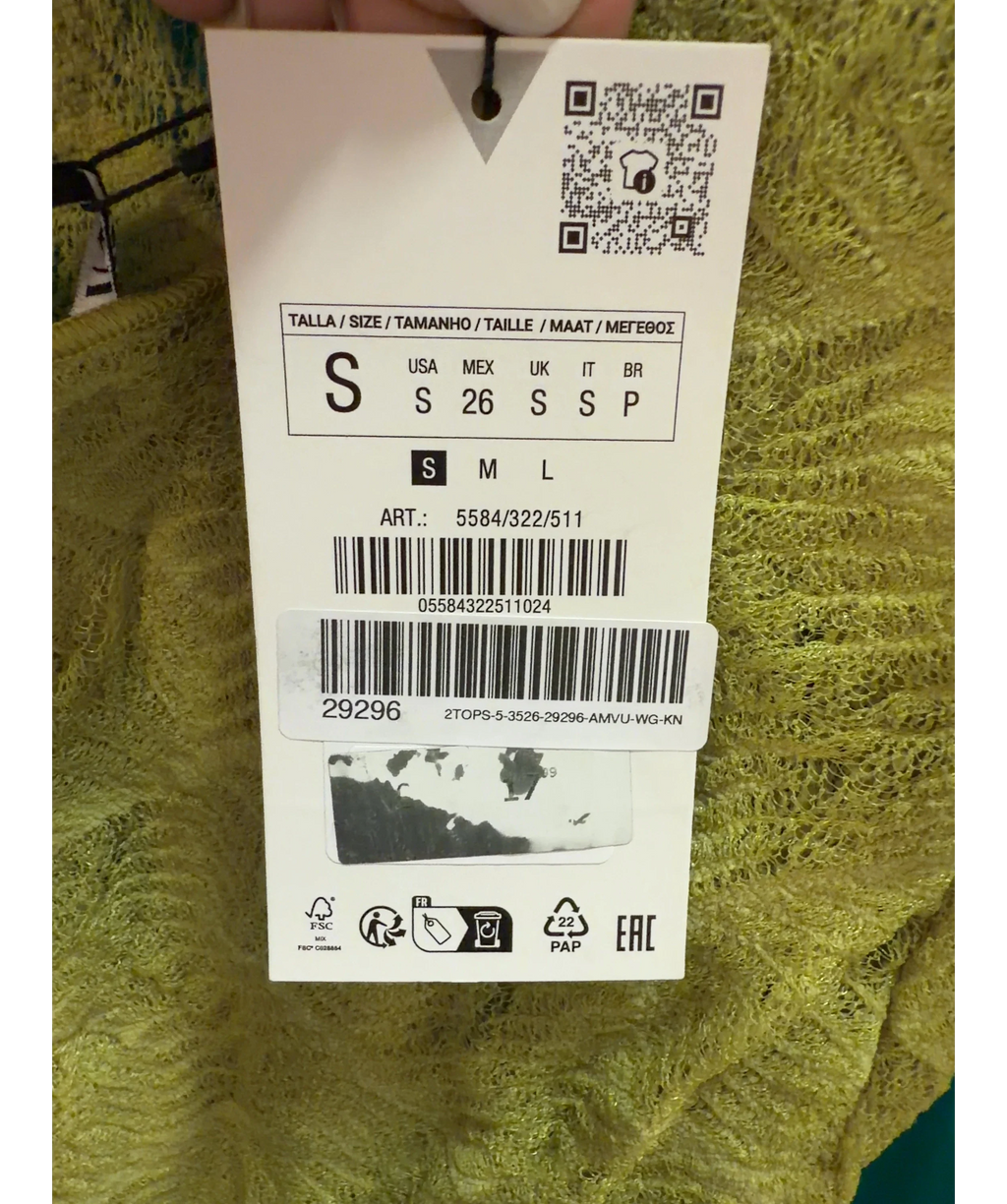 ZARA Green Open Back Lace Top, size UK S — care label