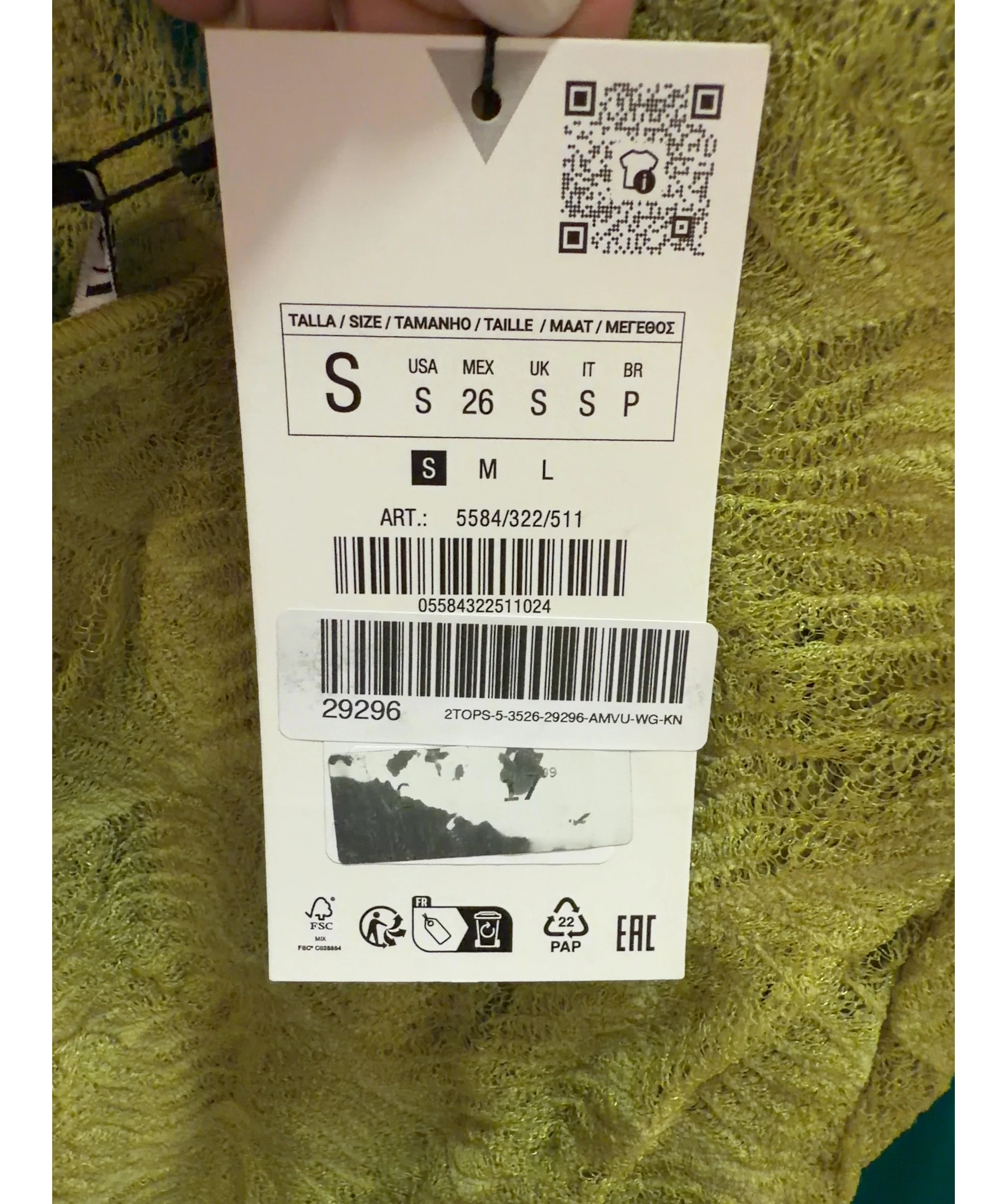 ZARA Green Open Back Lace Top, size UK S — care label