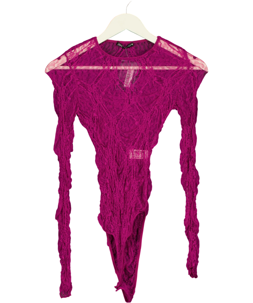 ZARA Pink pink floral lace bodysuit, size UK S — front