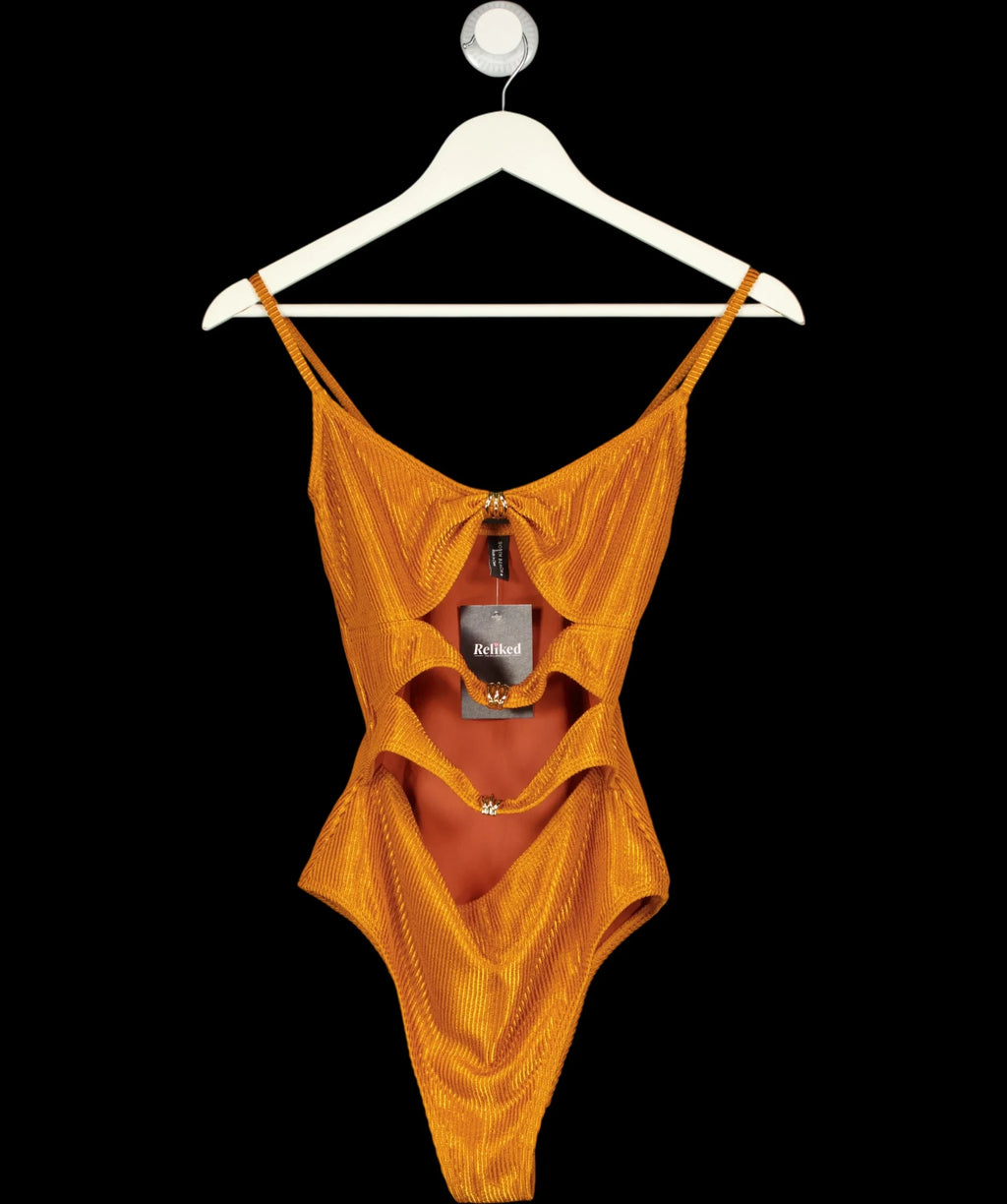 South Beach Orange Crinkle Cut-Out Swimsuit With Gold Hardware Detail in Copper Orange, size UK S — detail