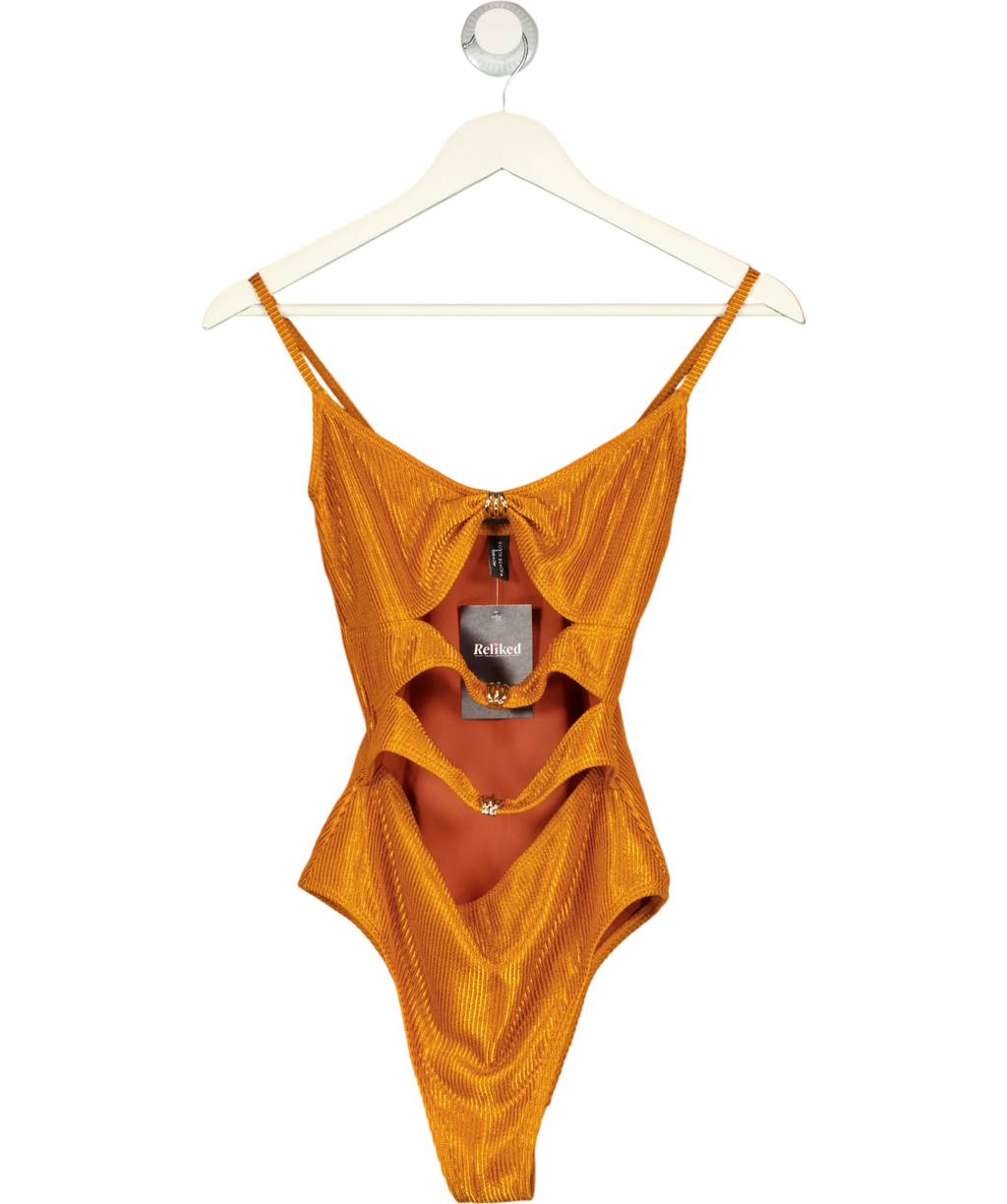 South Beach Orange Crinkle Cut-Out Swimsuit With Gold Hardware Detail in Copper Orange, size UK S — front