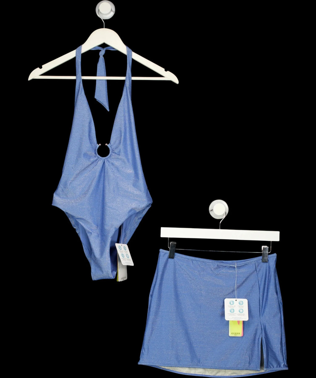 Guess Blue Blue Metallic Finish Side-Slit Swimsuit (UK S) and Beach Skirt (UK M)  2-Piece Set, size UK S/M — care label