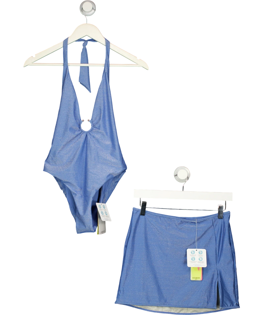 Guess Blue Blue Metallic Finish Side-Slit Swimsuit (UK S) and Beach Skirt (UK M)  2-Piece Set, size UK S/M — front