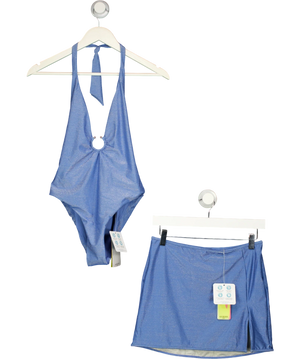 Guess Blue Metallic Finish Side-slit Swimsuit (uk S) And Beach Skirt (uk M)  2-piece Set UK S/M