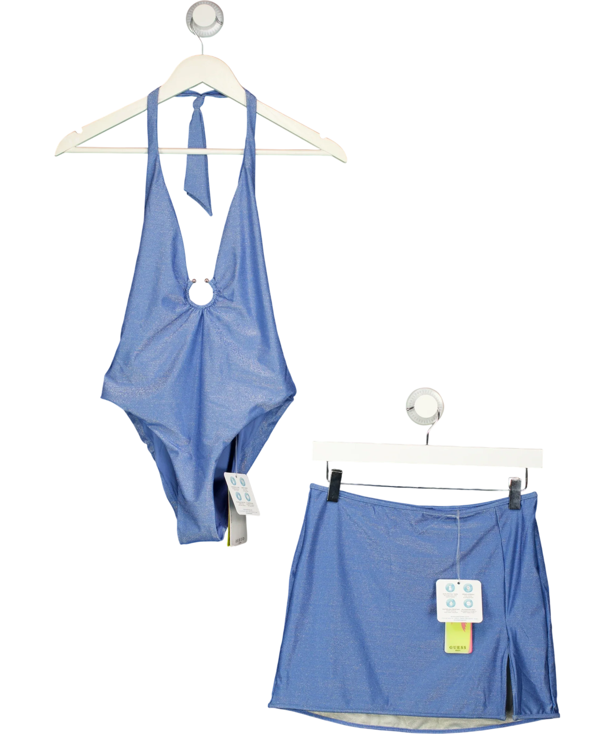 Guess Blue Blue Metallic Finish Side-Slit Swimsuit (UK S) and Beach Skirt (UK M)  2-Piece Set, size UK S/M — front