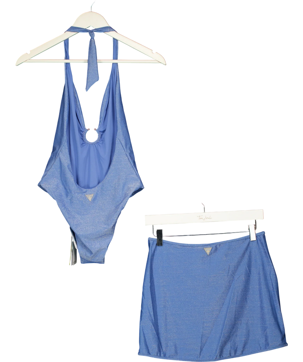 Guess Blue Blue Metallic Finish Side-Slit Swimsuit (UK S) and Beach Skirt (UK M)  2-Piece Set, size UK S/M — back