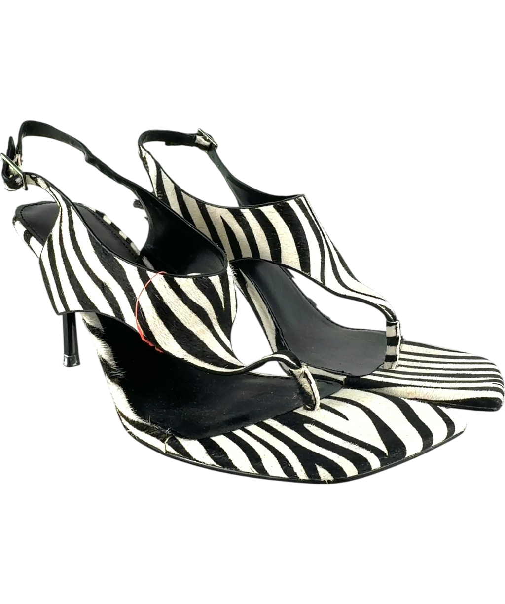 TOPSHOP Black Sandy hair on real leather toe thong high heeled sandal in black and white zebra, size UK 8 EU 41 👠 — front