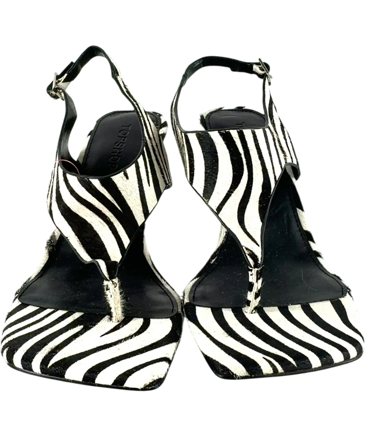 Topshop BLACK /WHITE ZEBRA CALF HAIR Sandy Thong Sandal UK 8 — Front (both, face on)