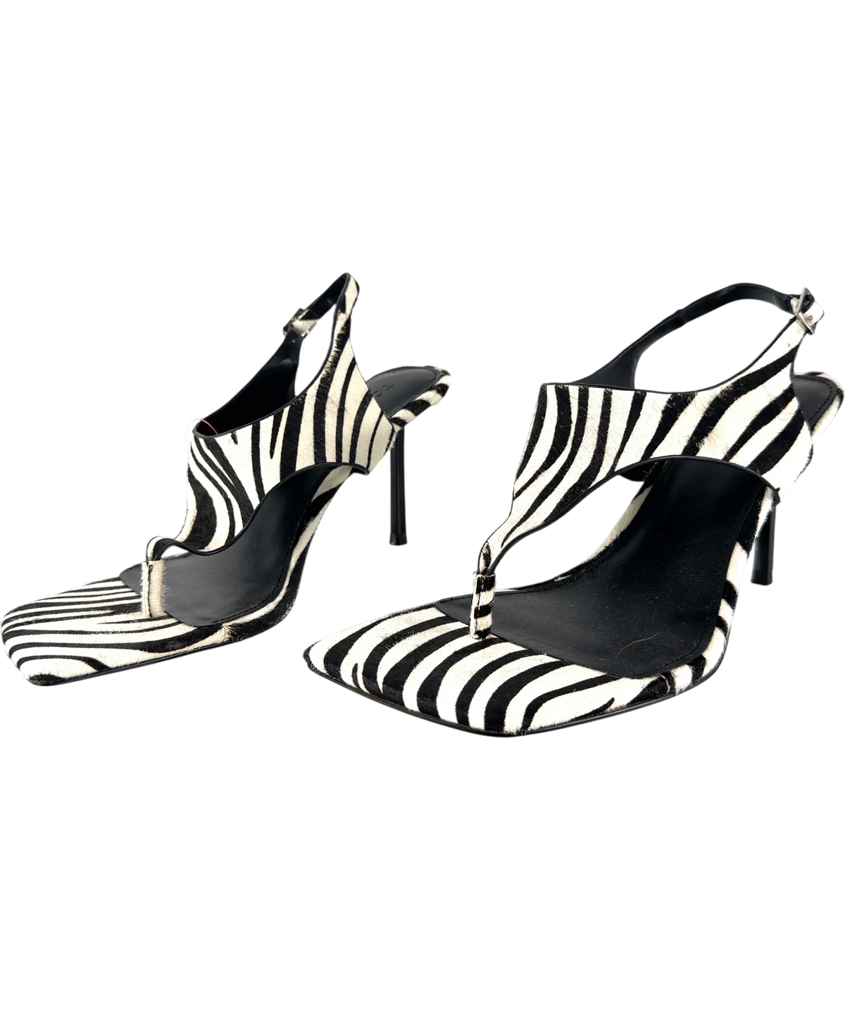 TOPSHOP Black Sandy hair on real leather toe thong high heeled sandal in black and white zebra, size UK 8 EU 41 👠 — label