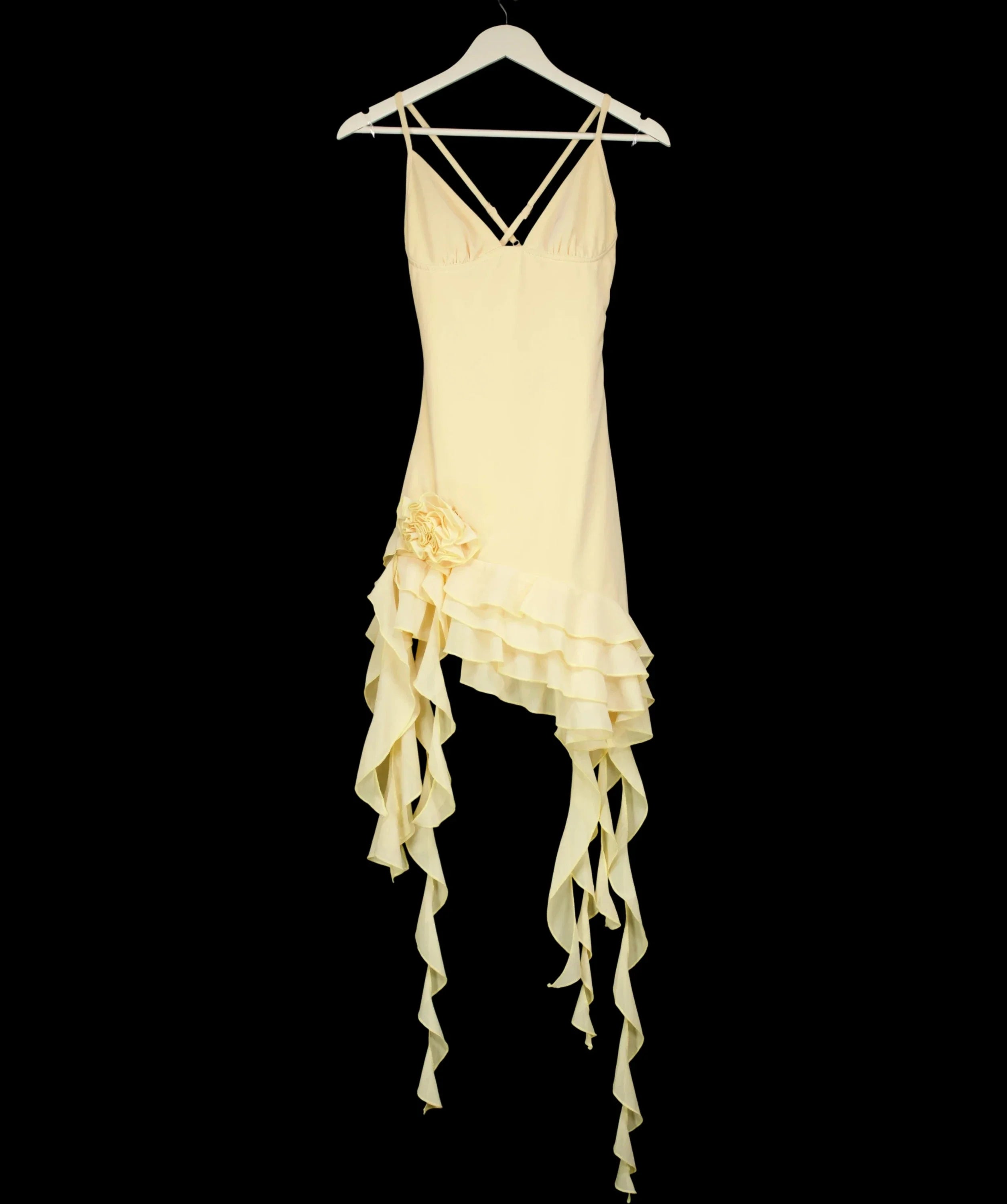 Babyboo Yellow Asymmetric Ruffle Rosette Mini Dress Lemon Yellow, size UK S — detail