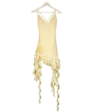 Babyboo Asymmetric Ruffle Rosette Mini Dress Lemon Yellow UK S