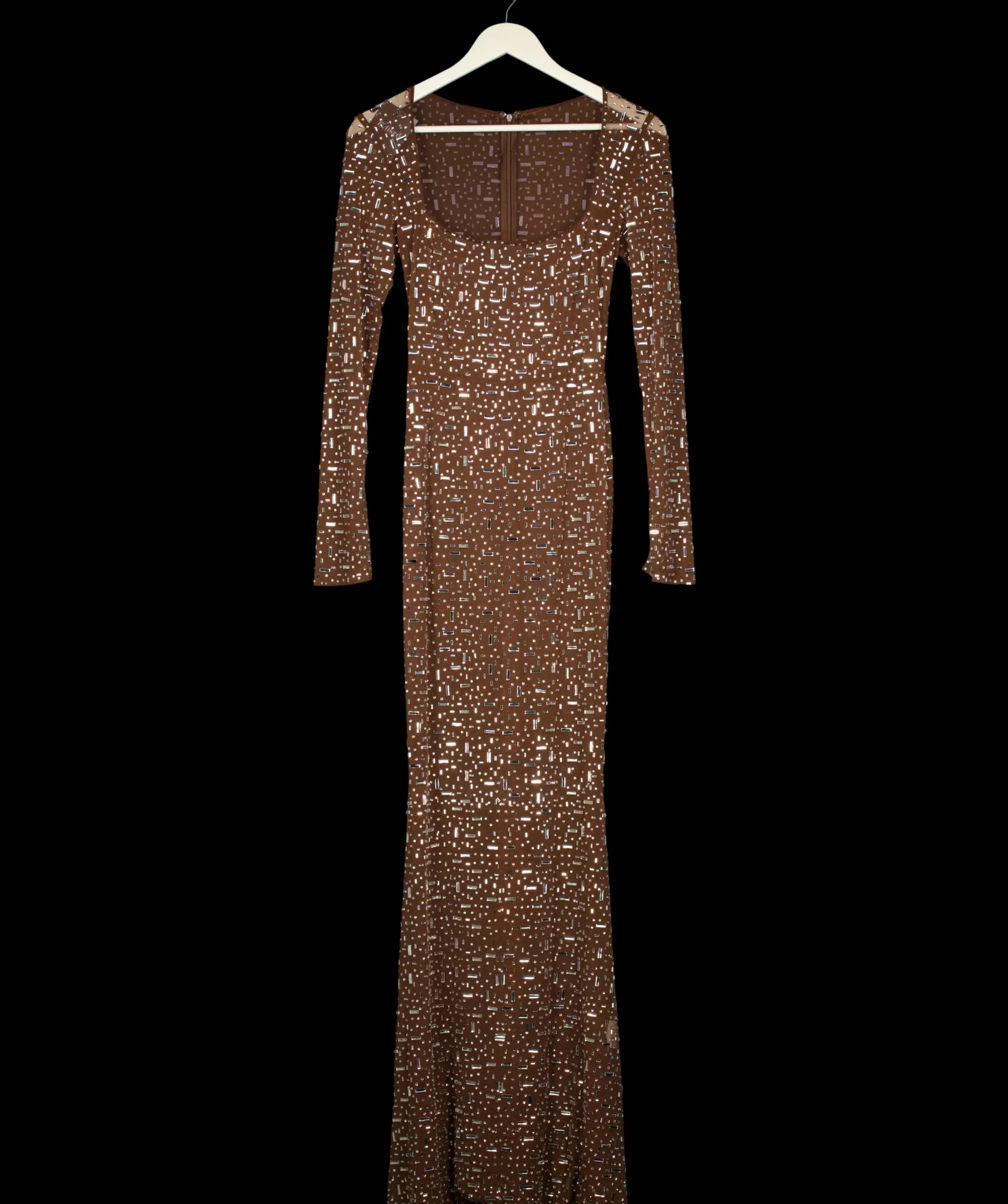 OH POLLY Brown Isabeau Sheer Embellished Maxi Dress Mocha Brown, size UK S — detail