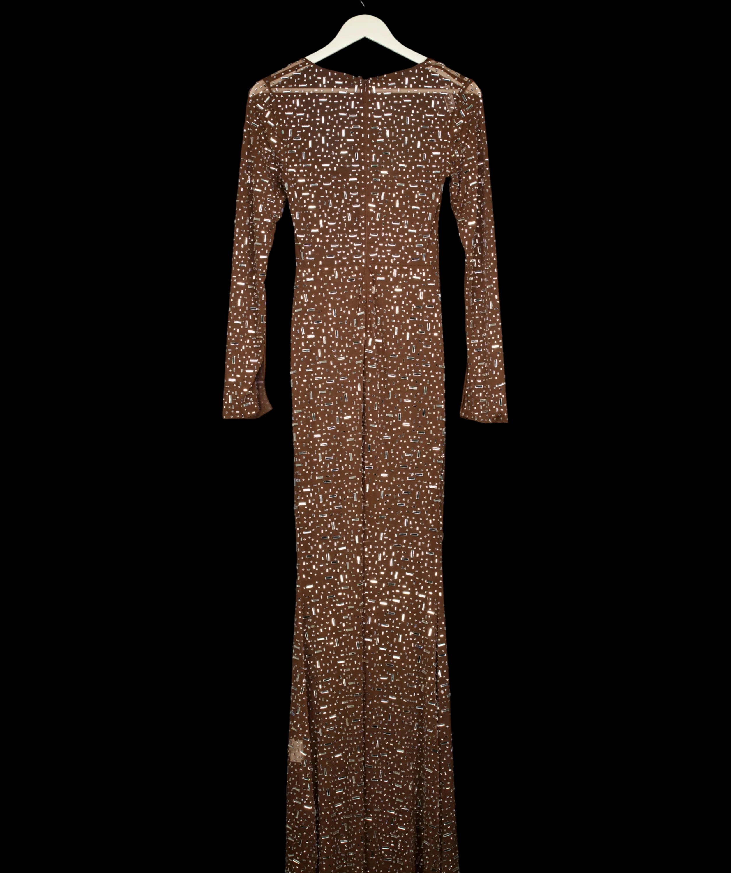 OH POLLY Brown Isabeau Sheer Embellished Maxi Dress Mocha Brown, size UK S — label