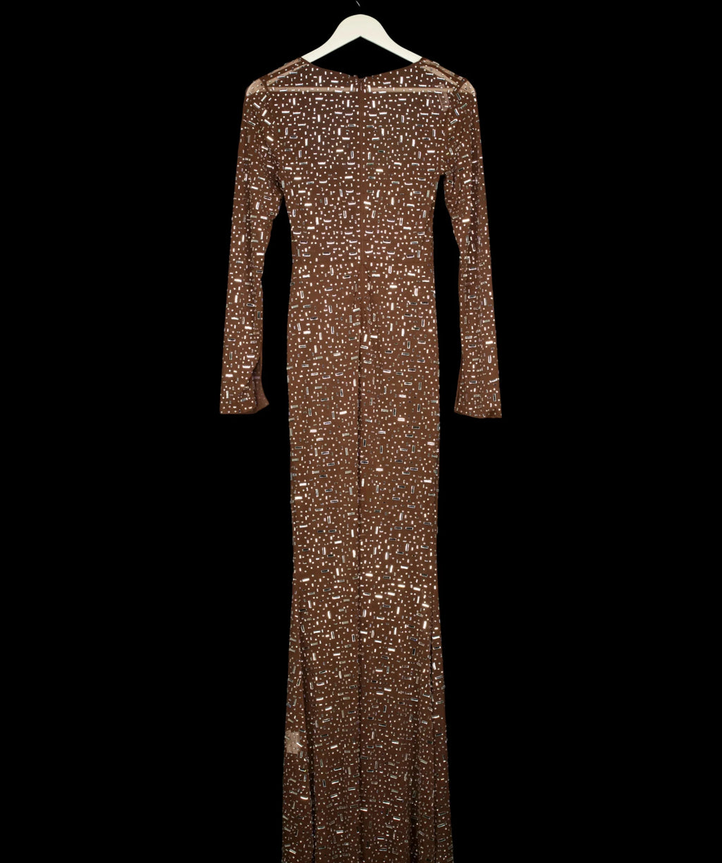 OH POLLY Brown Isabeau Sheer Embellished Maxi Dress Mocha Brown, size UK S — label