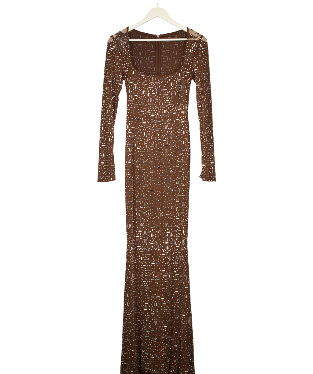 OH POLLY Brown Isabeau Sheer Embellished Maxi Dress Mocha Brown, size UK S — front