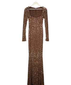 OH POLLY Isabeau Sheer Embellished Maxi Dress Mocha Brown UK S