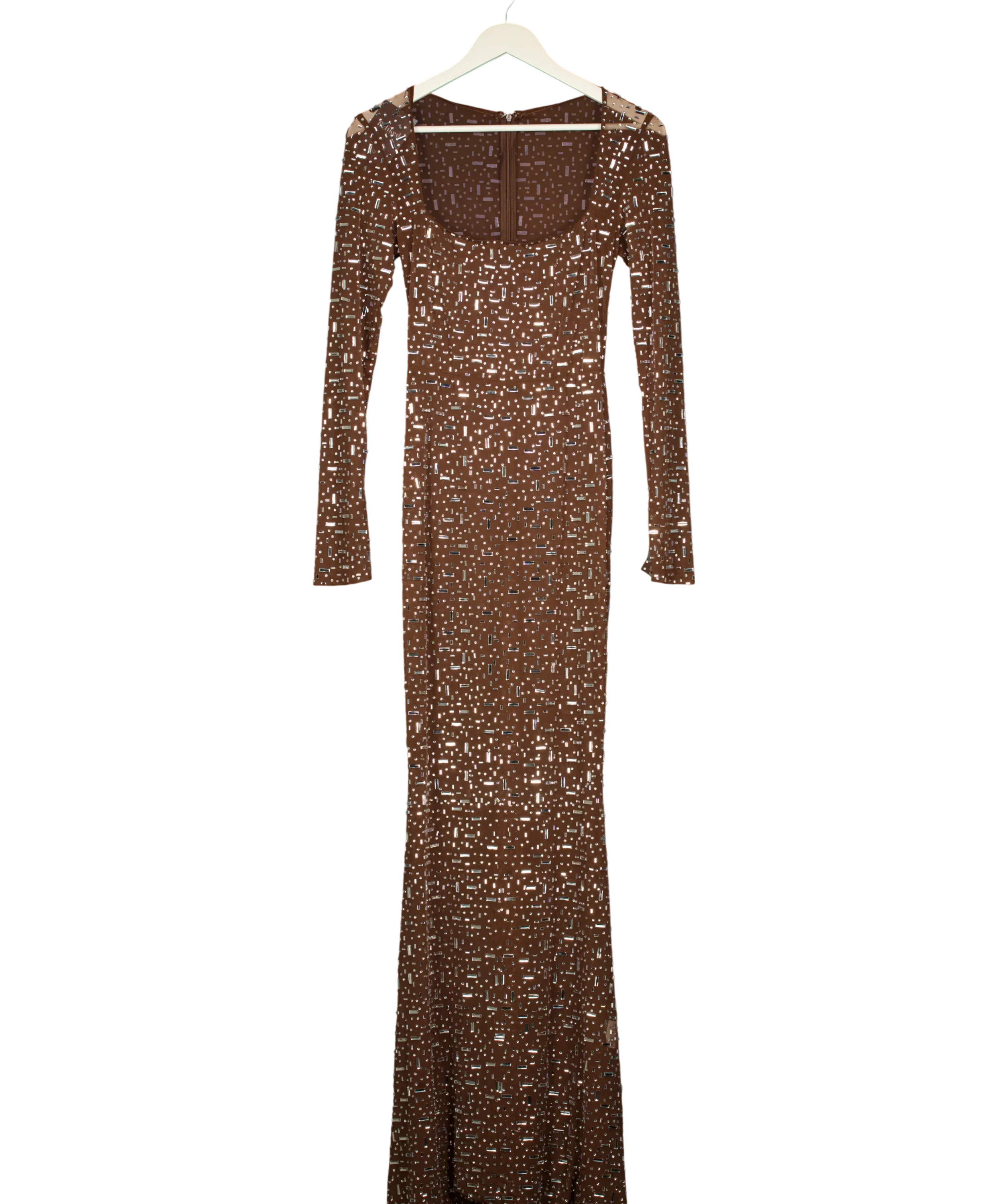 OH POLLY Brown Isabeau Sheer Embellished Maxi Dress Mocha Brown, size UK S — front