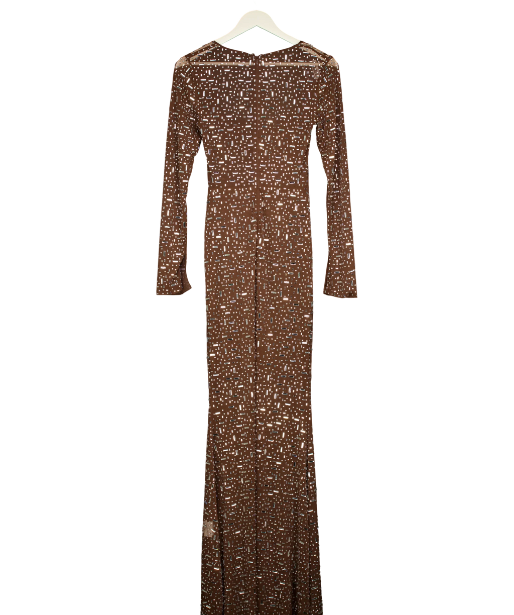 OH POLLY Brown Isabeau Sheer Embellished Maxi Dress Mocha Brown, size UK S — back