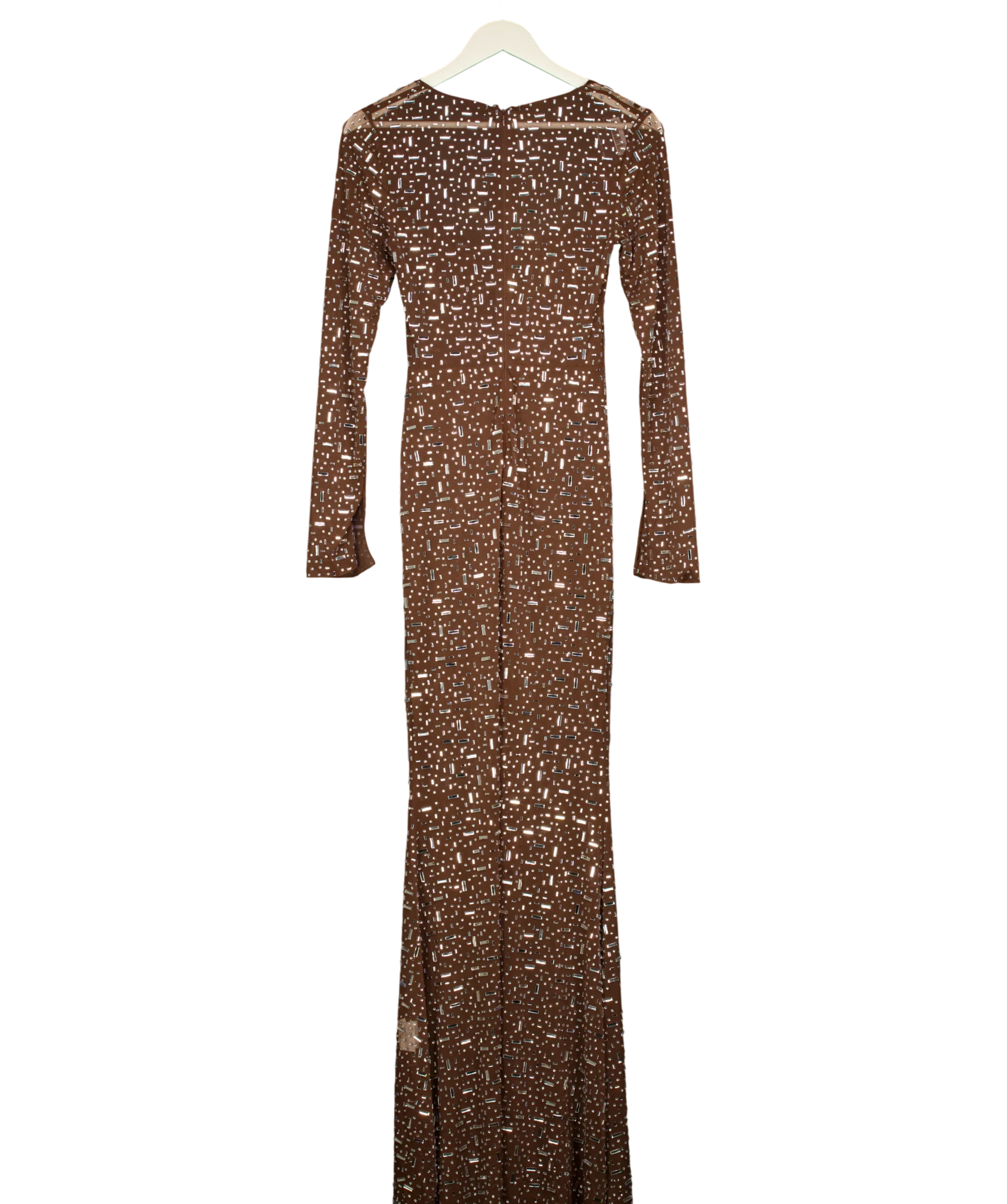 OH POLLY Brown Isabeau Sheer Embellished Maxi Dress Mocha Brown, size UK S — back