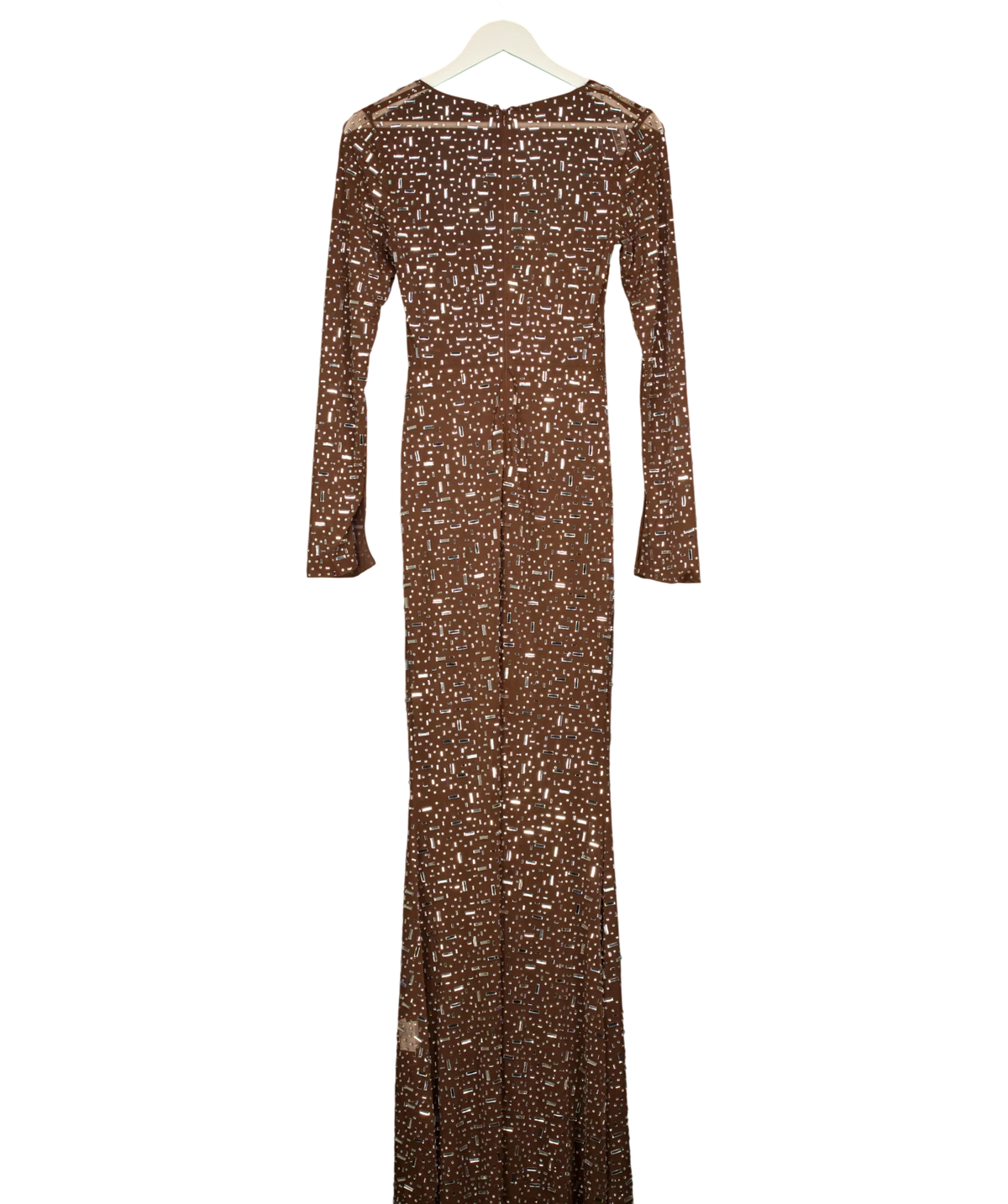OH POLLY Brown Isabeau Sheer Embellished Maxi Dress Mocha Brown, size UK S — back