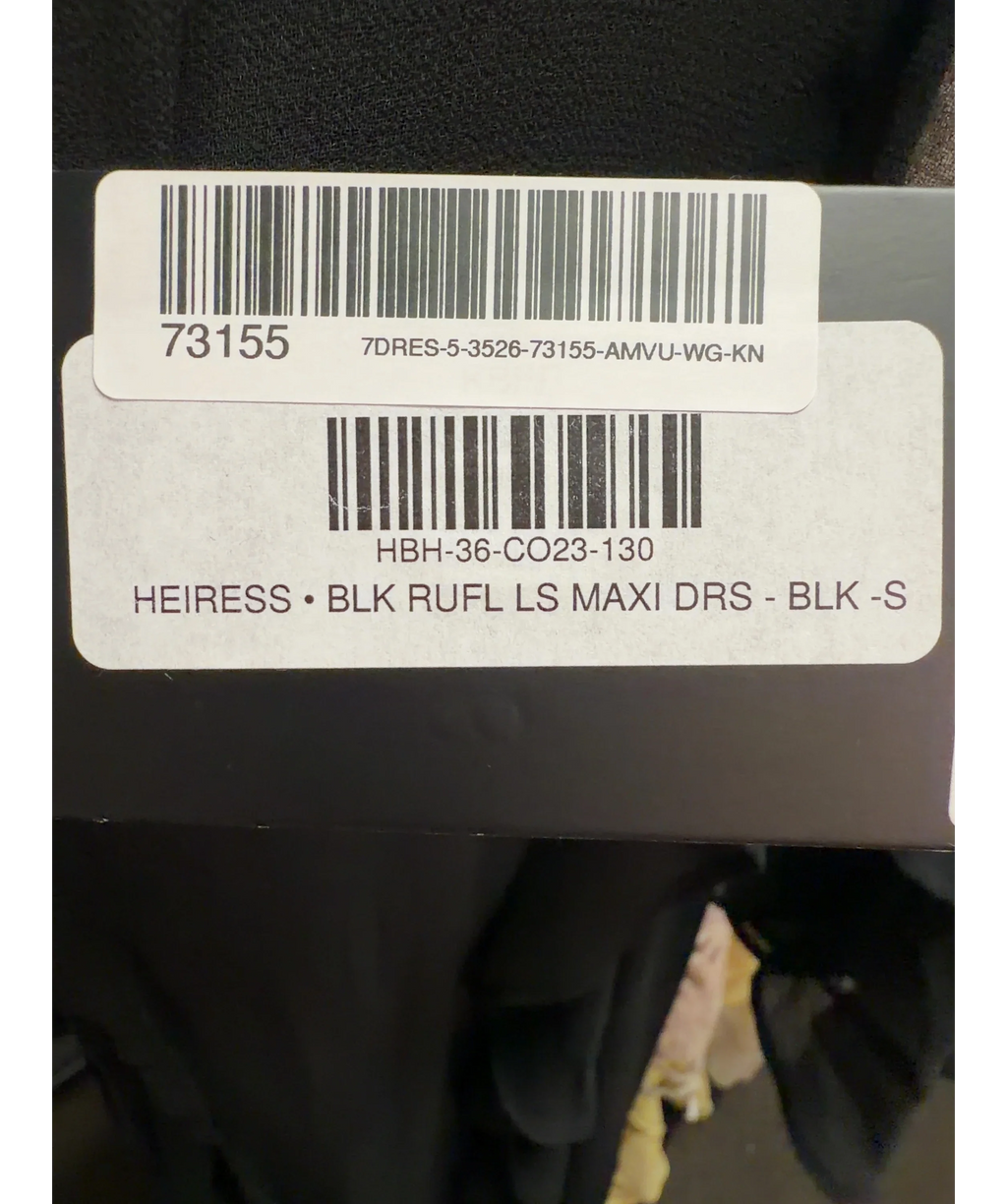 HEIRESS BEVERLY HILLS Black Black Ruffle Long Sleeve Maxi Dress, size UK S — care label