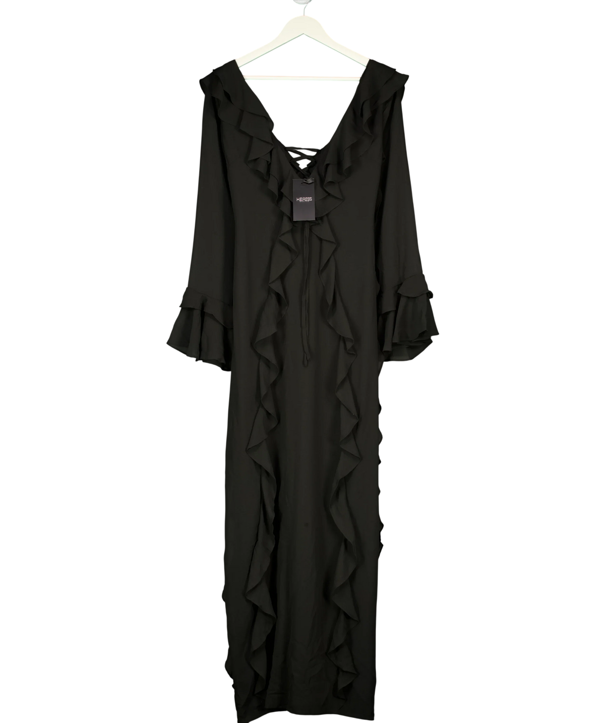 HEIRESS BEVERLY HILLS Black Black Ruffle Long Sleeve Maxi Dress, size UK S — front