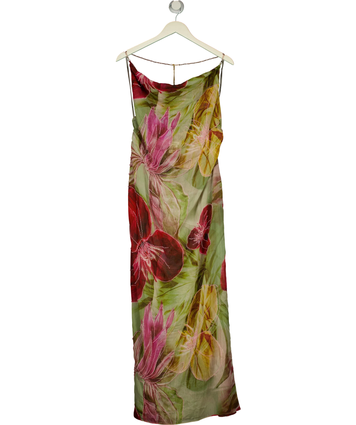 Jaded London Multicoloured Dahlia Hand-Beaded Backless Chiffon Maxi/Midi Dress, size UK 8 — front