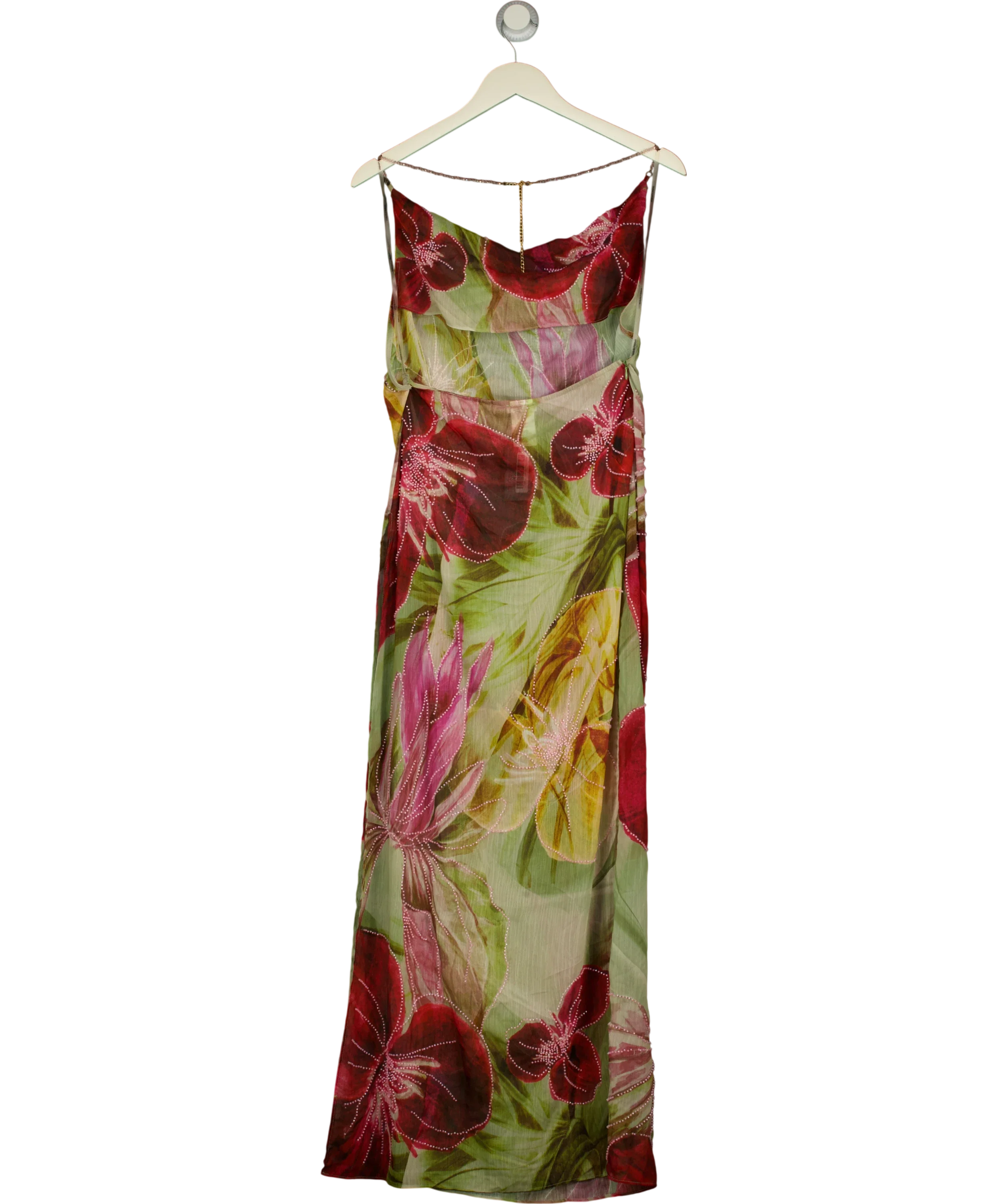 Jaded London Multicoloured Dahlia Hand-Beaded Backless Chiffon Maxi/Midi Dress, size UK 8 — back