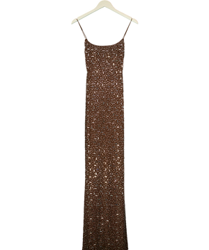 Oh Polly Antonella Sheer Embellished Scoop Neck Evening Gown in Mocha UK 8