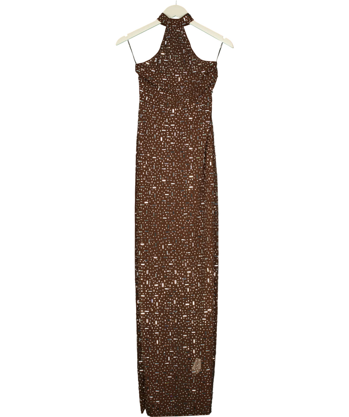 OH POLLY Brown Désirée Brown Crystal Halter Maxi Dress, size UK 8 — front